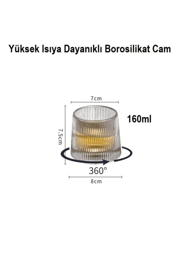 Viski Kokteyl Bardağı Kadehi 360 Dönen Cam Bardağı 2li Set 160ml Çizgi Desen