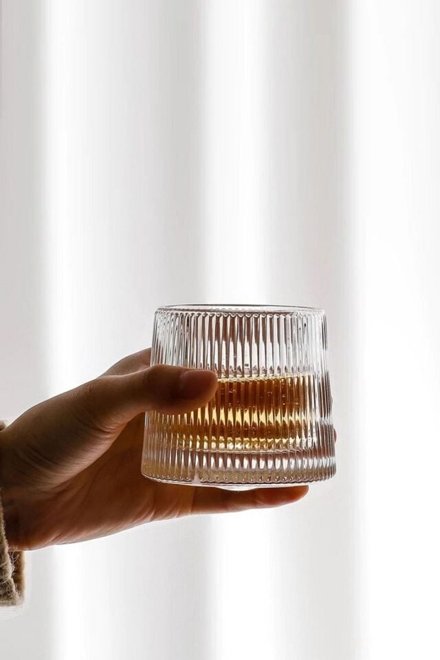 Viski Kokteyl Bardağı Kadehi 360 Dönen Cam Bardağı 2li Set 160ml Çizgi Desen