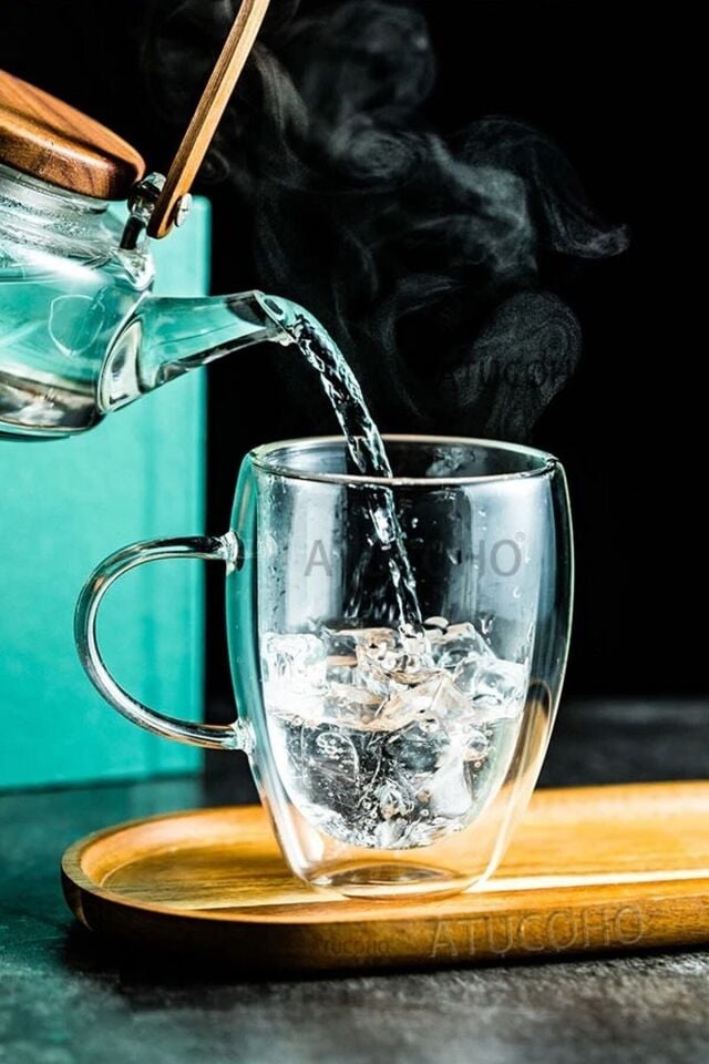 Çift Camlı Çift Cidarlı Cam Kupa 350ml Ev Ofis Fincanı Çift Katlı Isı Yalıtımlı Kulplu Bardak 2li