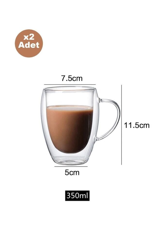 Çift Camlı Çift Cidarlı Cam Kupa 350ml Ev Ofis Fincanı Çift Katlı Isı Yalıtımlı Kulplu Bardak 2li