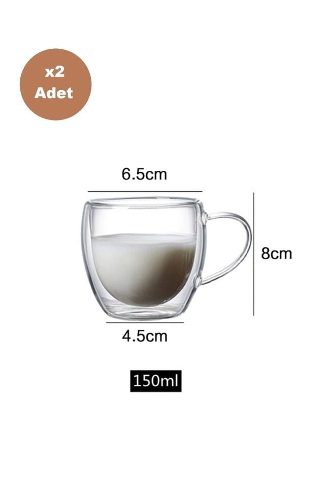 Çift Camlı Çift Cidarlı Cam Kupa 150 ml Ev Ofis Fincanı Çift Katlı Isı Yalıtımlı Kulplu Bardak 2li