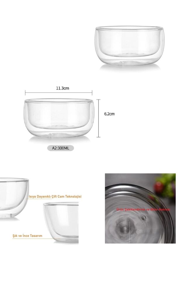 Cam Kase Çift Cidarlı 4lü Set 300ml Sunum Kasesi