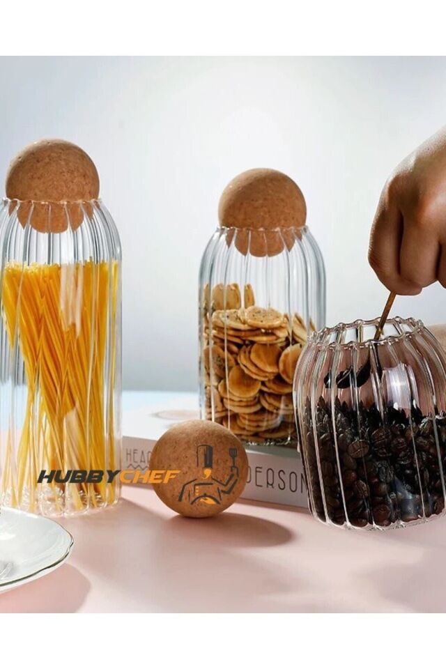 Mantar Top Kapak Cam Kavanoz 3'lü Set - Modern Saklama Kabı