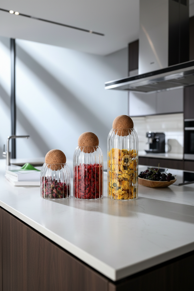 Cam Kavanoz Mantar Top Kapaklı Kavanoz 3lü Set