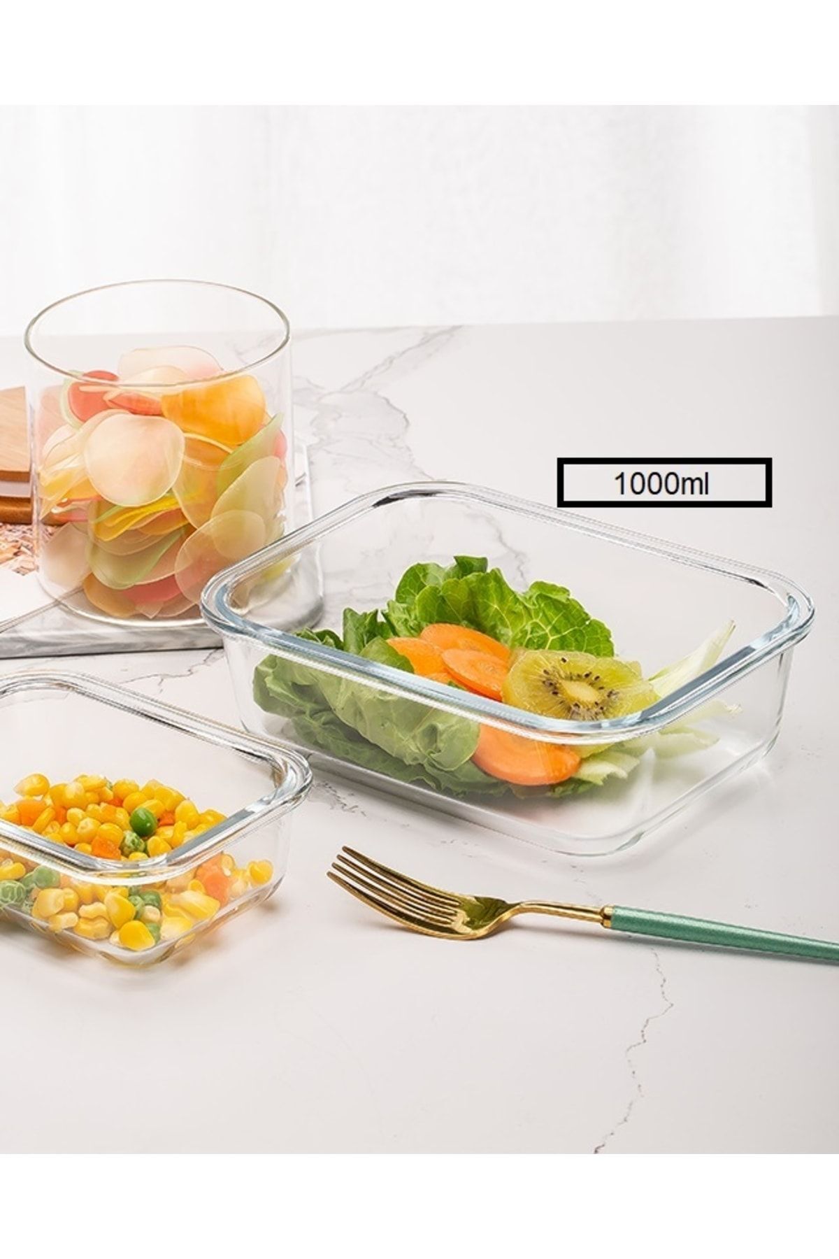 Cam Saklama Kabı Erzak Kabı Tek Bölme 1000ml