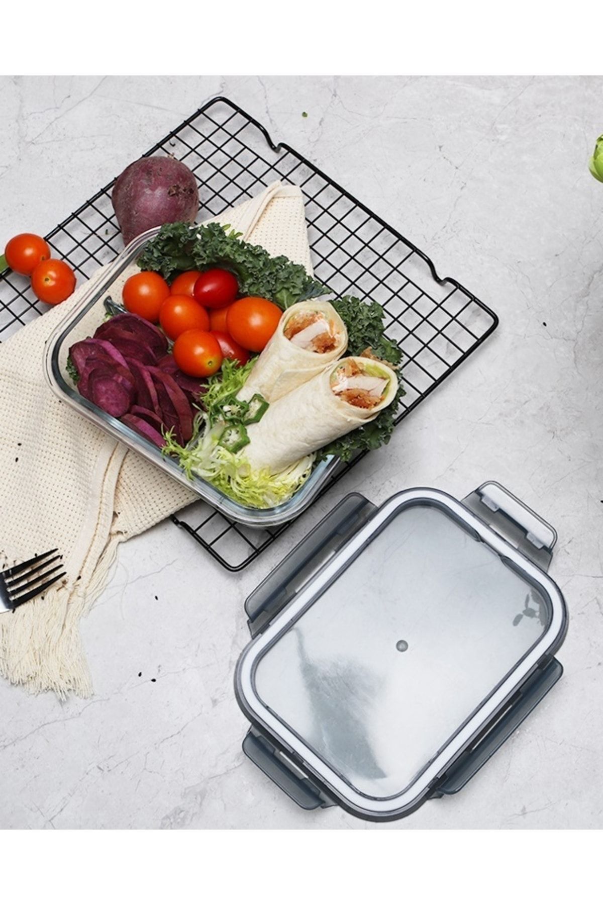 Cam Saklama Kabı Erzak Kabı 3 Bölmeli 1000ml