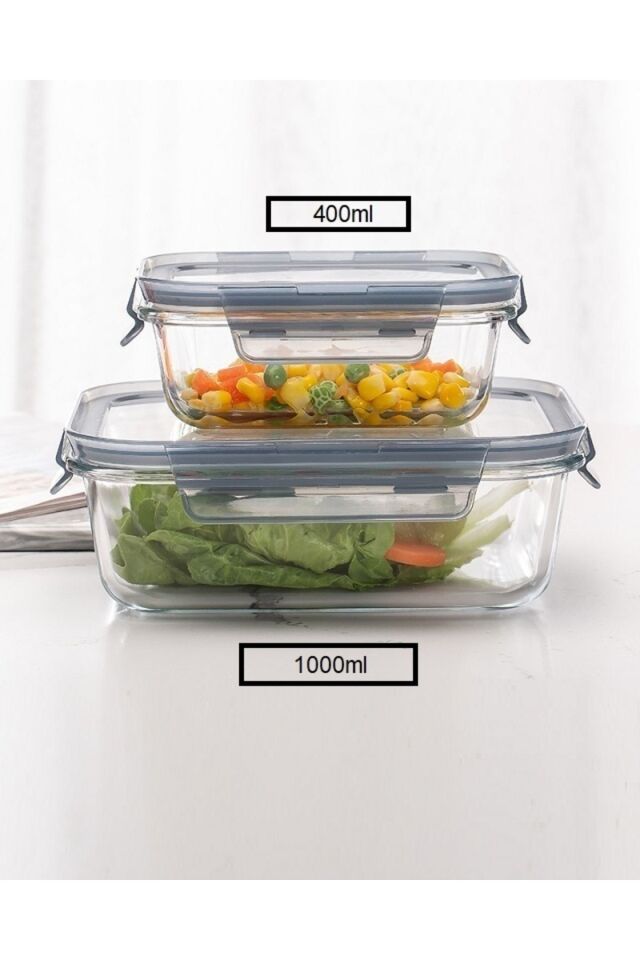 Cam Saklama Kabı Erzak Kabı Seti Dikdörtgen Set 400+630+1000ml