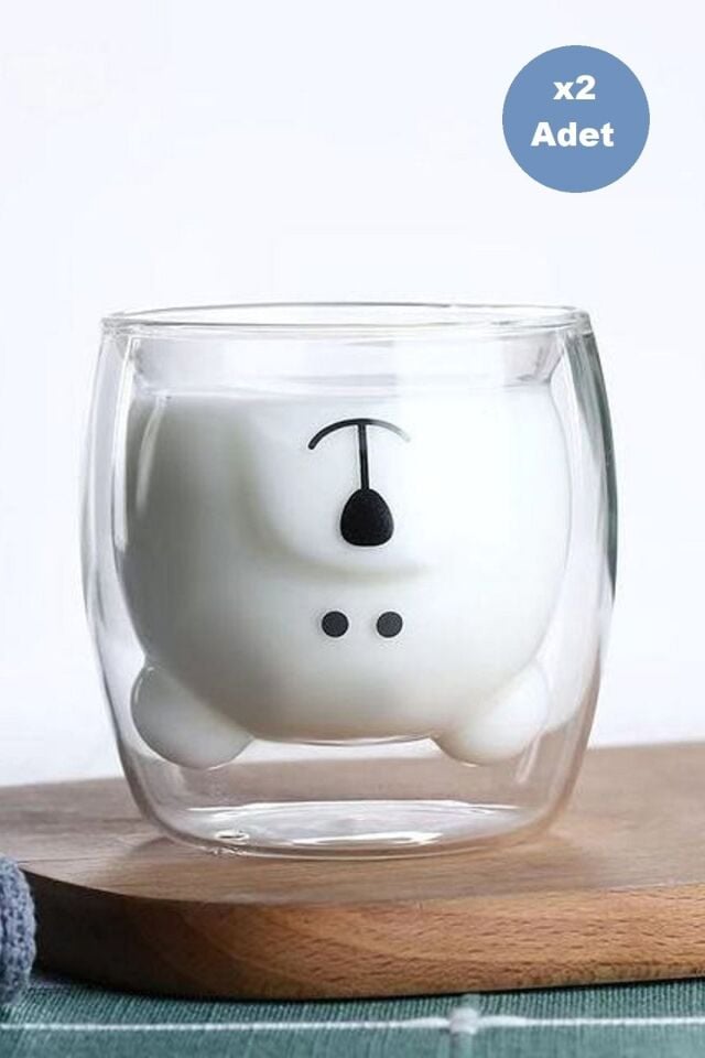 Çift Camlı Cidarlı Ayıcık Karakterli Eğlenceli Tasarım Borosilikat Cam Kupa Bardak 2li Set 250 Ml