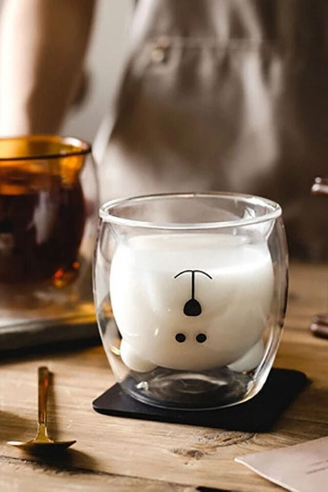 Çift Camlı Cidarlı Ayıcık Karakterli Eğlenceli Tasarım Borosilikat Cam Kupa Bardak 2li Set 250 Ml