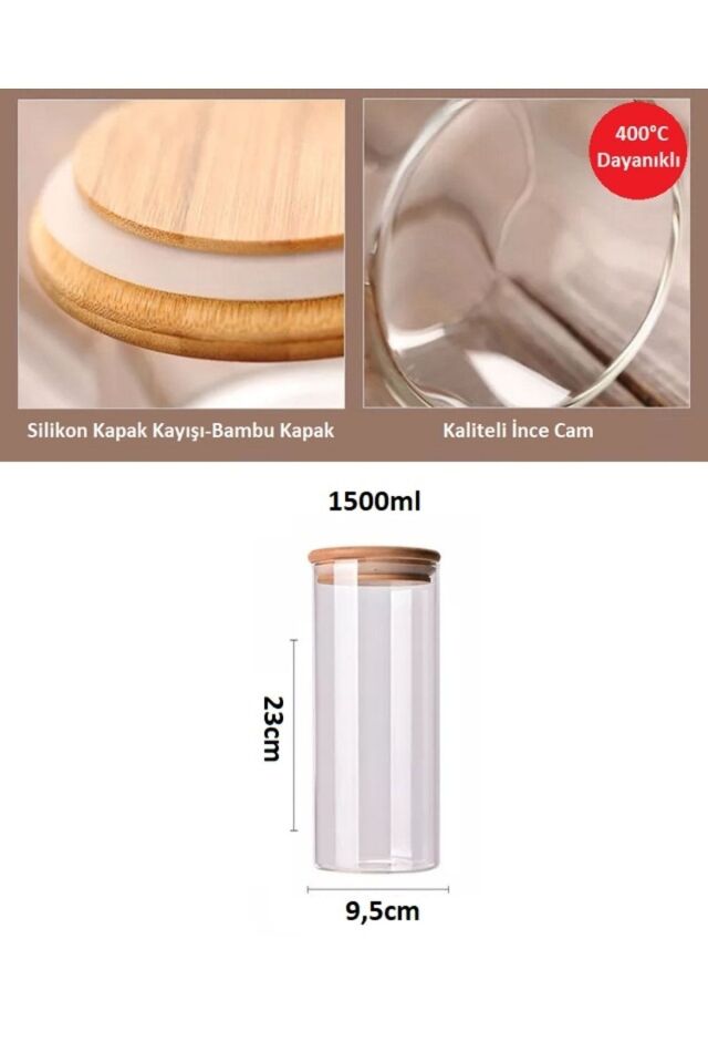 Bambu Kapaklı Cam Saklama Kavanozu 4lü Set Sıralı Boy