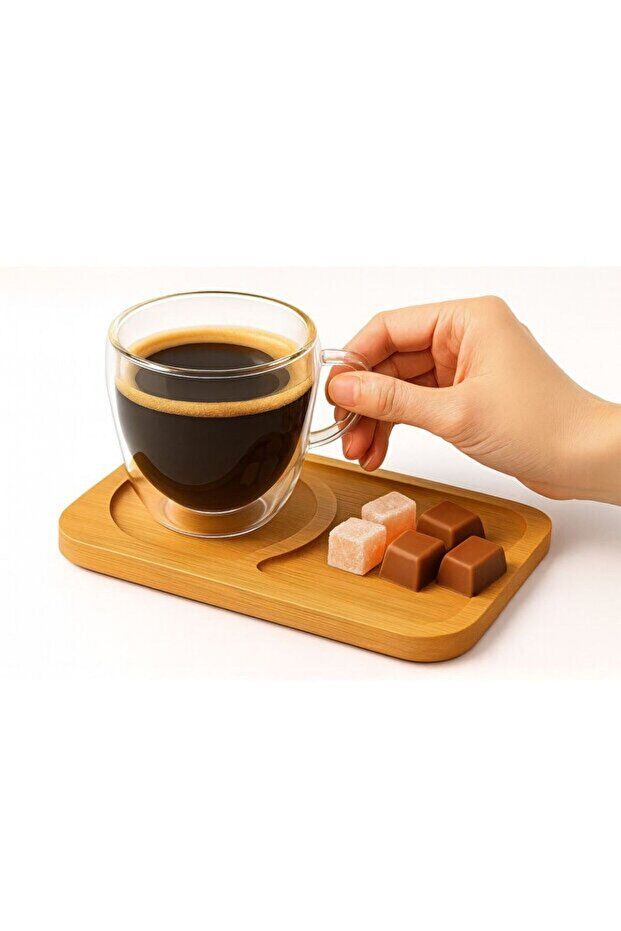 4 Kişilik çift cidarlı espresso/çay/kahve fincan takımı (bambu tabaklı)