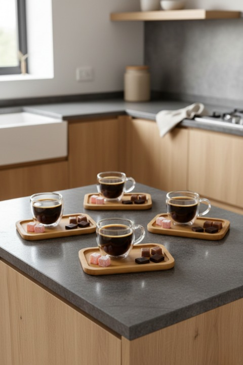 4 Kişilik Bambu Tabaklı Çift Cidarlı Espresso & Çay Fincan Takımı