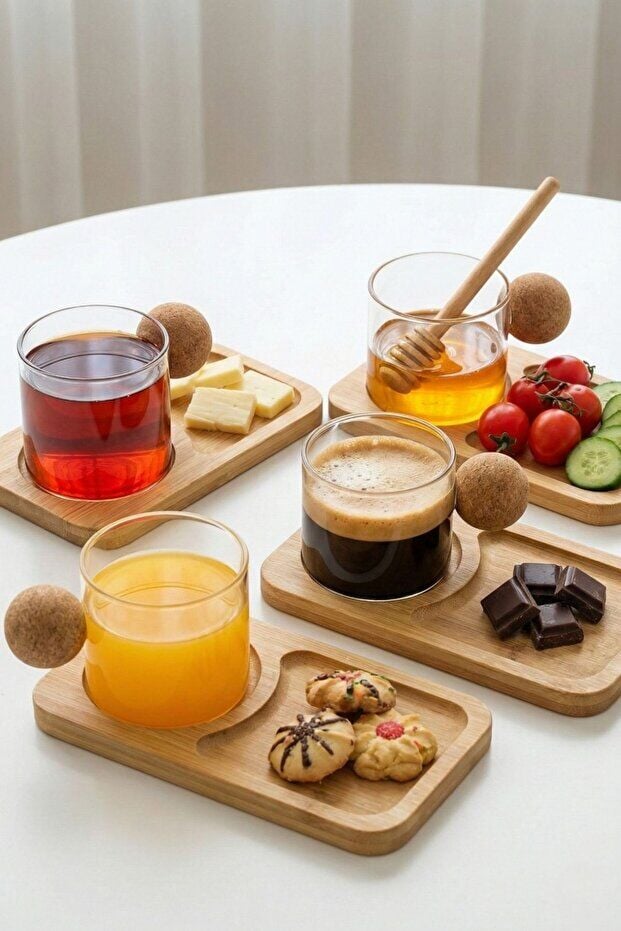 6'lı Bambu Tabaklı Espresso Kahve Bardağı Takımı