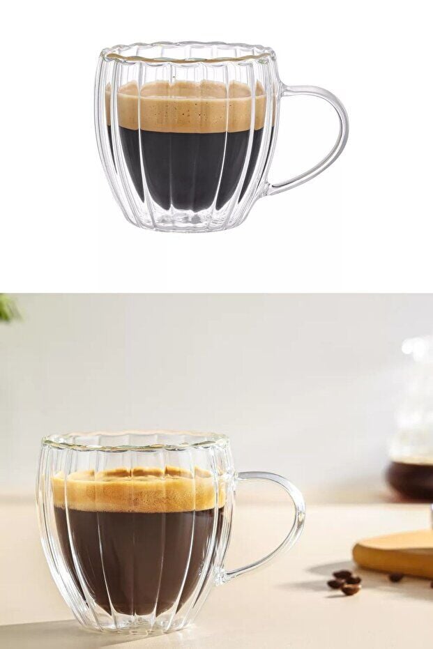 HUBBYCHEF 4'lü Bambu Tabaklı Cidarlı Espresso Kahve Bardağı