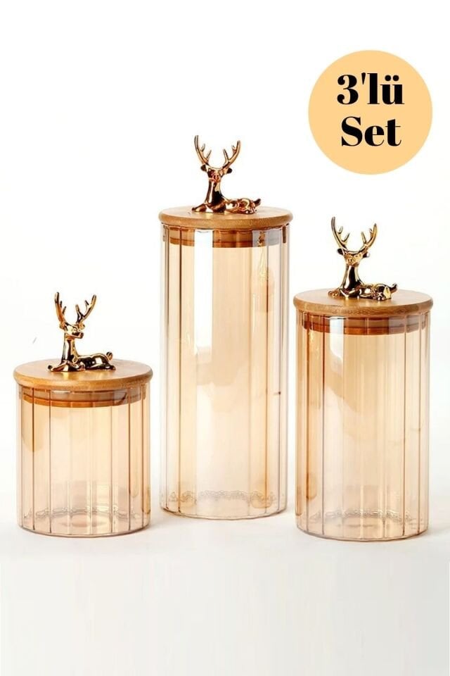 Cam Kavanoz Silikon Contalı Bambu Kapaklı 3’lü Set Sarı Camlı