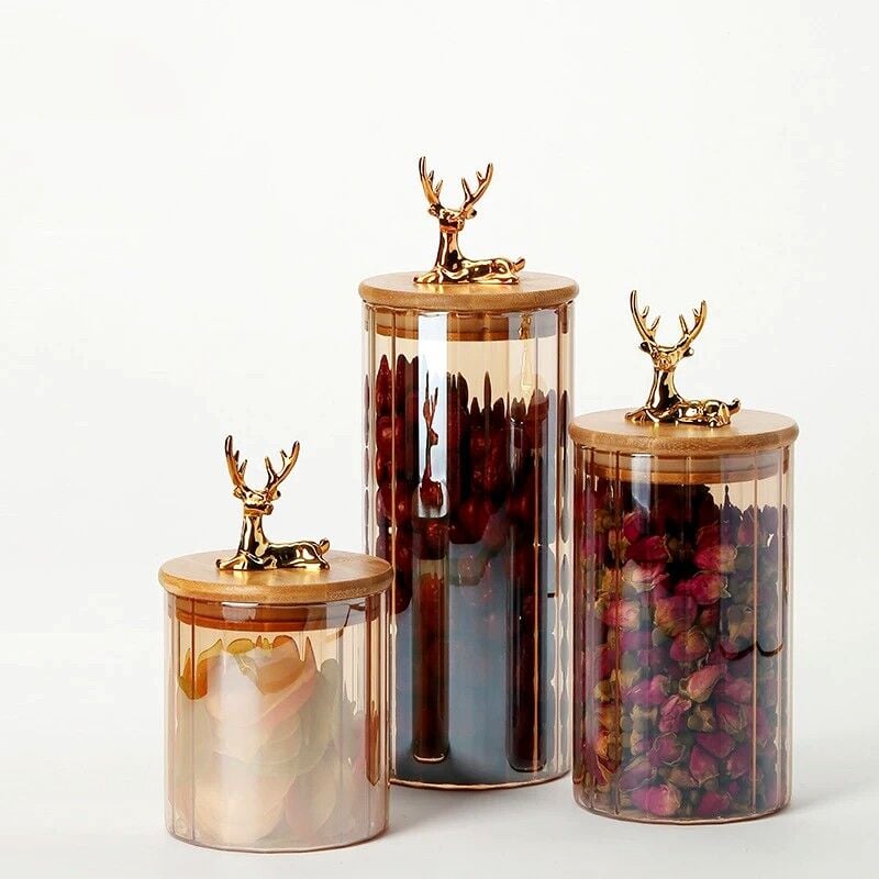 Cam Kavanoz Silikon Contalı Bambu Kapaklı 3’lü Set Sarı Camlı